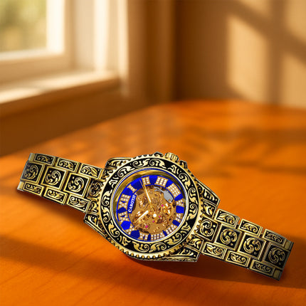 1pc Men'S Black Blue Steel Strip Retro Style Noble Ancient Roman Gear Carving Tourbillon Mechanical Watch