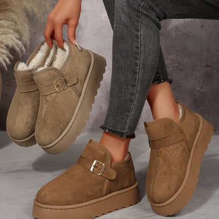 Coffee Buckle Detail Round Toe Platform Cozy Winter Boots