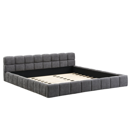 King Size Elegant Soft Chenille Upholstered Bed with Checkerboard Headboard - Frame Bed