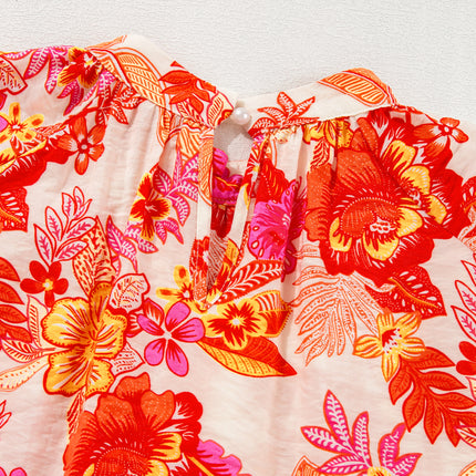 Orange Floral Print Pearl Button Keyhole Long Puff Sleeve Blouse