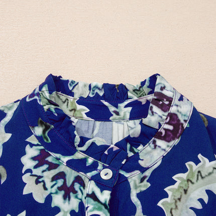 Blue Wild Floral Print Frilled Collar Half Sleeve Long Dress
