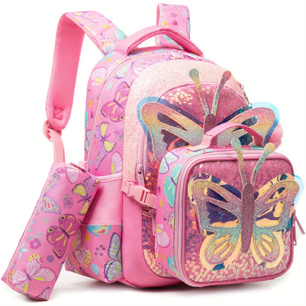 Girls Backpack for Elementary School with handbag and Pencil Case Cute Butterfly/Cat/Mermaid Backpack