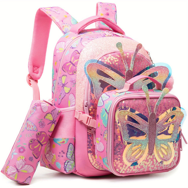 Girls Backpack for Elementary School with handbag and Pencil Case Cute Butterfly/Cat/Mermaid Backpack