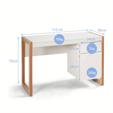 Modern White Computer Desk with Storage Drawer & Cabinet - Space-Saving Home Office Desk,