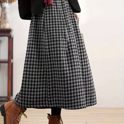 Winter Vintage Plaid Skirt for Women, Casual High-Waisted Thick Mid-Length Winter Dress.