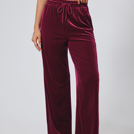 Burgundy Solid Drawstring Waist Wide Leg Pants