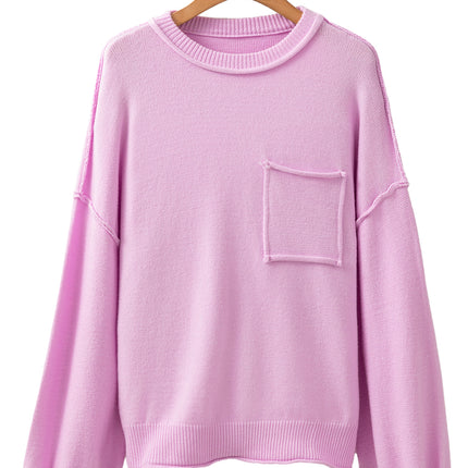 Pink Raw Edge Ribbed Detail Drop Shoulder Sweater