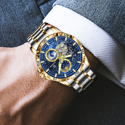 Men's Mechanical Watch Starry Sky Dial Steel Band Stopwatch Sun Moon Star Automatic