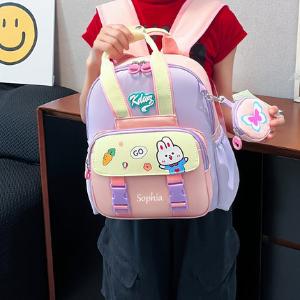 Customizable name, cute cartoon bunny/ astronaut design backpack with detachable small wallet