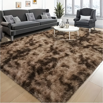 Plush Tie-Dye Coffee Brown Shag Area Mat - Soft, Fluffy Polyester, Non-Slip, Hand Washable