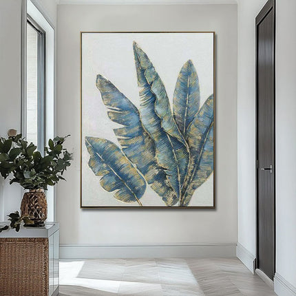 Handmade Oil Painting Canvas Wall Art Decoration Green Plants Abstract Texture Golden And Green Banana Leaves For Home Living Room Decor Rolled Frameless Unstretched Painting