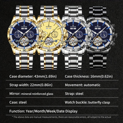 Men's Automatic Mechanical Watch - Luxury Blue Dial with Golden accents, Date Display