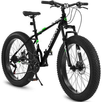 S26109 Elecony 26 Inch Fat Tire Bike Adult/Youth Full Shimano 7 Speed Mountain Bike, Dual Disc Brake, High-Carbon Steel Frame, Front Suspension, Mountain Trail Bike, Urban Commuter City Bicycle