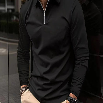 Zipper Men's Solid Color Long Sleeve Sports Polo Shirt