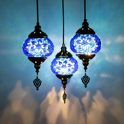 Turkish-Moroccan Mosaic Three-Head Ceiling Lamp Handmade Glass Shade, Mediterranean Style,