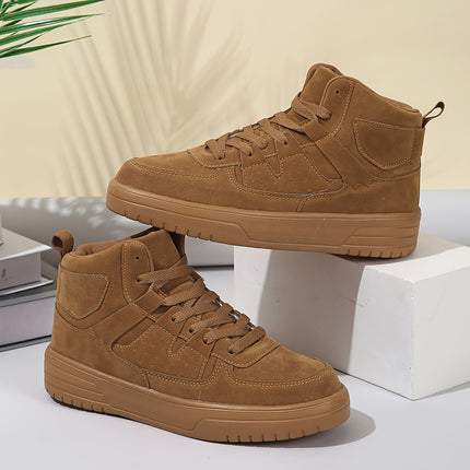 1 Pair Vintage Wheat Brown High-Top Sneakers for Men, Geometric Pattern Fabric Upper