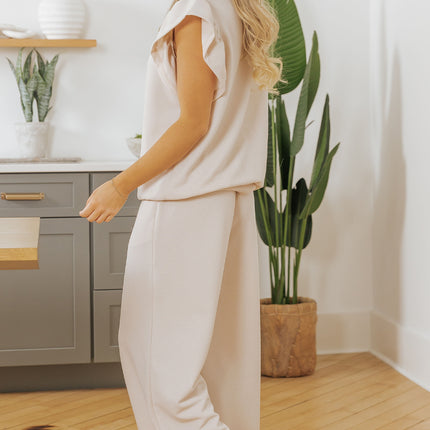 Apricot Textured Ruffled Sleeve Zipped Top and Wide Leg Pants Set