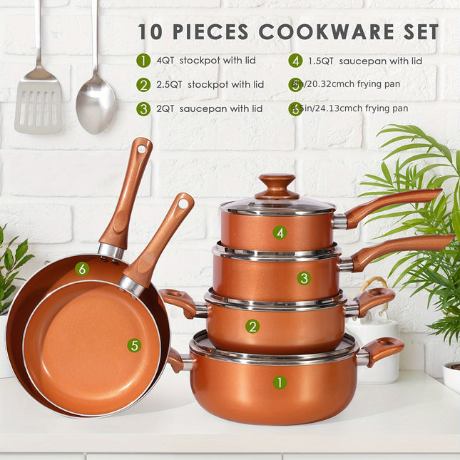 10pcs Copper Nonstick Cookware Set, Aluminum Induction Compatible Pots and Pans with Ceramic Coating,