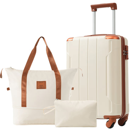 20 Inch Carry On Luggage Set 3 Piece with Spinner Wheels, Lightweight Hardshell ABS Suitcase for Weedend Getaways, Business Travel, White Brown