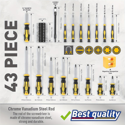 43pcs Professional Screwdriver Set with Magnetic Bit Holder - Chrome Vanadium Steel,
