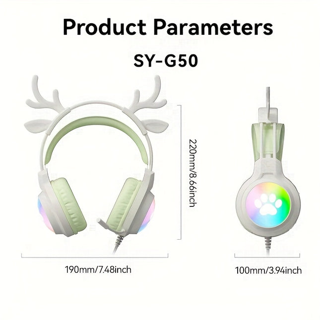 Cute Deer Ear Headset | Wired Gaming Headphones with Microphone, USB Powered, Plastic Material