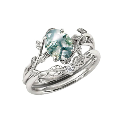 14K Solid Gold Moss Agate Leaf Ring Set Vintage