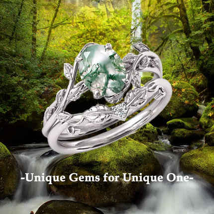 14K Solid Gold Moss Agate Leaf Ring Set Vintage Bridal Wedding Rings