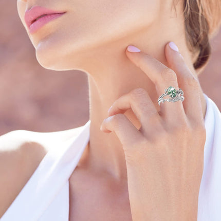 14K Solid Gold Moss Agate Leaf Ring Set Vintage Bridal Wedding Rings