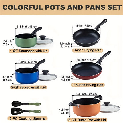 clean orange frying pans, spoons, spatulas, soup spoons, colorful pots and pans set for home 10 piece
