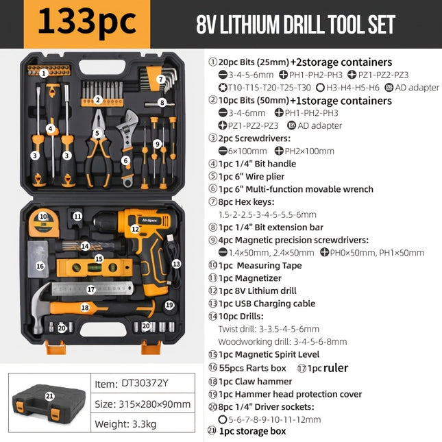 Hi-Spec Yellow 133pcs 8V Power Tool Set USB-Charged Handheld Electric Screwdriver, Tape Measure,
