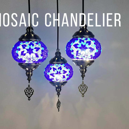 Turkish-Moroccan Mosaic Three-Head Ceiling Lamp Handmade Glass Shade, Mediterranean Style,