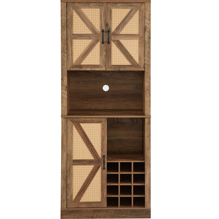 76-Inch Tall Rustic Oak Color Farmhouse Kitchen Faux Rattan Wine Cabinet, Kitchen Bar Cabinet with Square Compartments