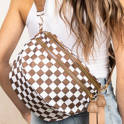 Blackish Green Checkered Print Wide Strap Large Crossbody Bag
