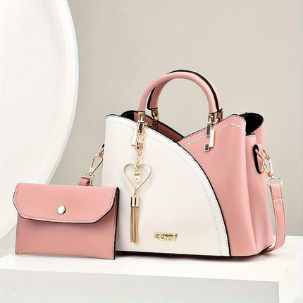 Women's Elegant Handbag And Crossbody Purse Combo - Fashion Colorblock Tote Bag