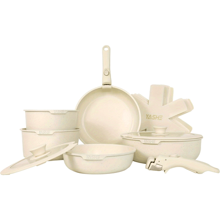 13-Piece Ceramic Kitchen Cookware Set, Detachable Dandle Pots and Pans with Pan Protectors,
