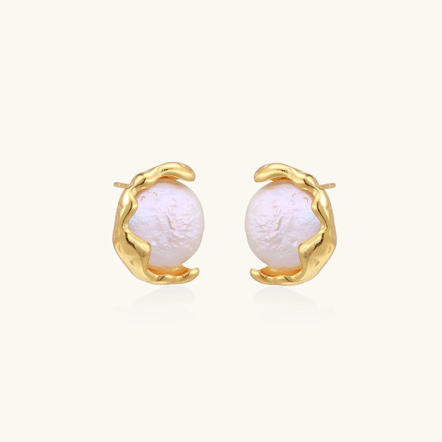 Gold vermeil studs with lustrous pink freshwater pearls in organic crescent settings