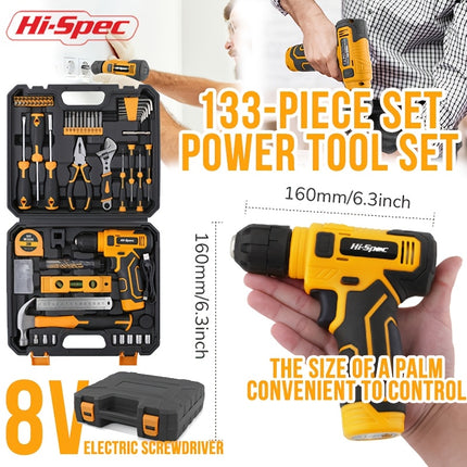 Hi-Spec Yellow 133pcs 8V Power Tool Set USB-Charged Handheld Electric Screwdriver, Tape Measure,