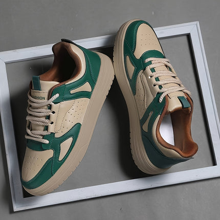 Men's Low-Top Sneakers Lightweight Breathable Geometric Color-Block Design (Beige/Green)