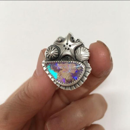 Star-shaped Retro Irregular Colored-stone Alloy Ring