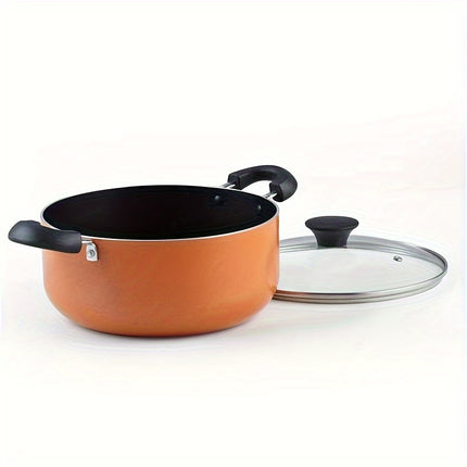 clean orange frying pans, spoons, spatulas, soup spoons, colorful pots and pans set for home 10 piece