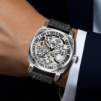 1pc Men'S Silvery Black PU Belt Simple Style Quality Ancient Roman Fully Automatic Tourbillon Mechanical Watch