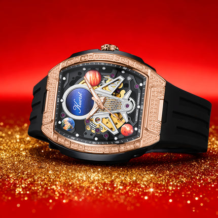 Men'S Silicone Strap Fully Automatic Mechanical Watch 3D Stereoscopic Skeleton Technology