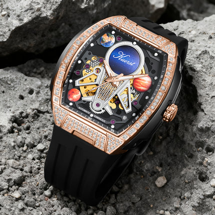 Men'S Silicone Strap Fully Automatic Mechanical Watch 3D Stereoscopic Skeleton Technology