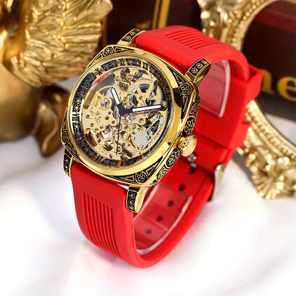 1pc Men's Vintage Mechanical Watch - Automatic winding, Roman Numerals, Golden-Tone case & Red Strap,