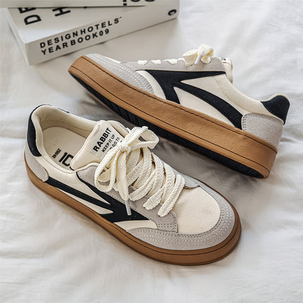 Men's Retro Skate Shoes - Low-Top Lace-Up Sneakers in Black/White/Beige colorblock