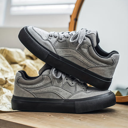 Men's Olive Green PU Low-Top Sneakers - Chunky Rubber Sole Skate Shoes, Lace-Up All-Season Casual