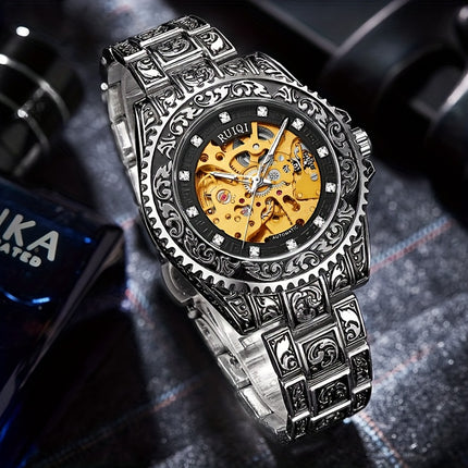 Luxury Men'S Stainless Steel Automatic Mechanical Watch - Vintage Skeleton Dial with Carved Hands