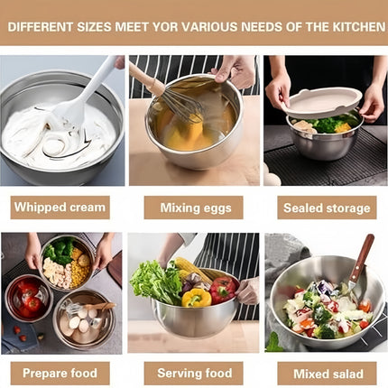 Stainless Steel Non-Slip Silicone Bottom 6pcss Mixing Bowl Set with Sealing Lid And 3 Grater Attachments