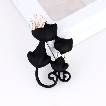Crown size black cat brooch