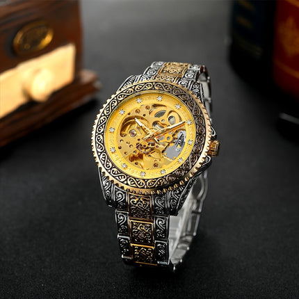 Men'S Vintage Mechanical Watch Luxury Hollow Case with Golden-Tone Dial, Mechanical Movement